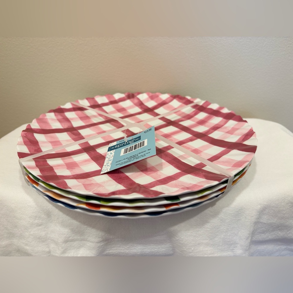 Set Of 4 Melamine 10.5” Dinner Plates 4 Plaid Colors Hobby Lobby Spring NEW